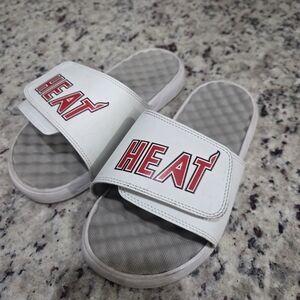 White Slide Sandals with Red Miami 'HEAT' Logo Sz6